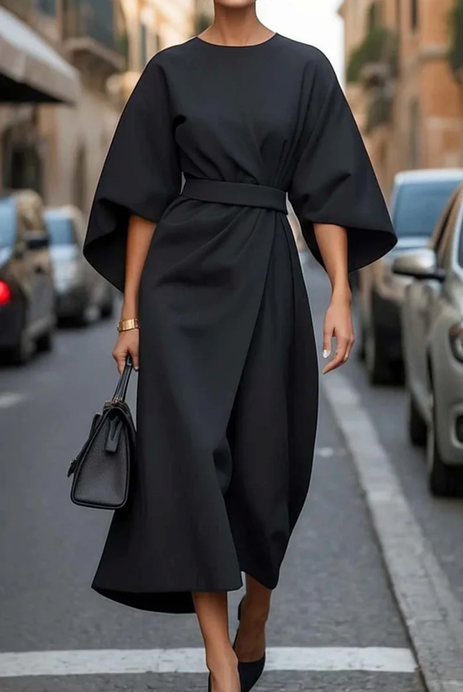 Women's Midi Dress in Woven Material with Waist Tie and Batwing Sleeves