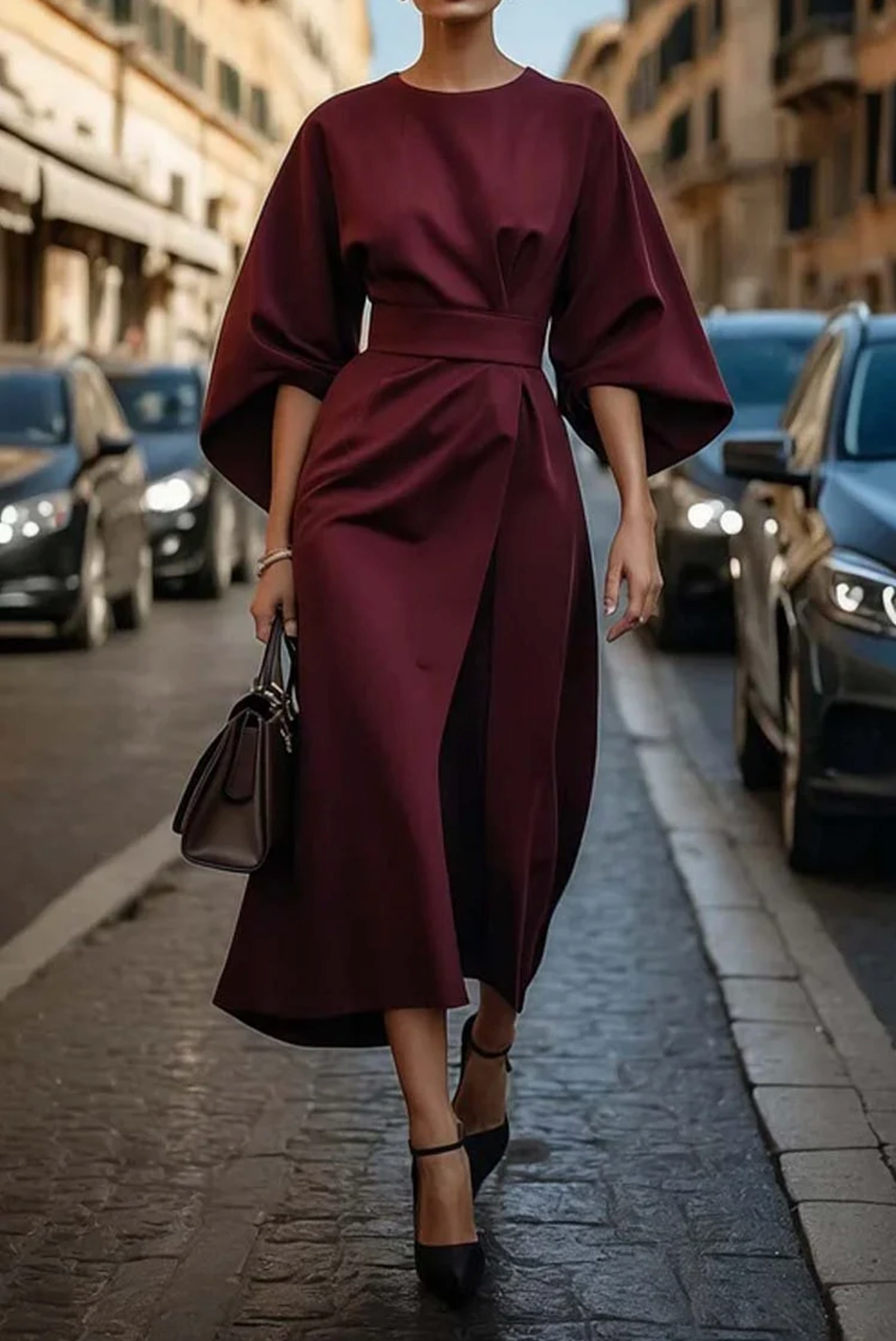 Women's Midi Dress in Woven Material with Waist Tie and Batwing Sleeves