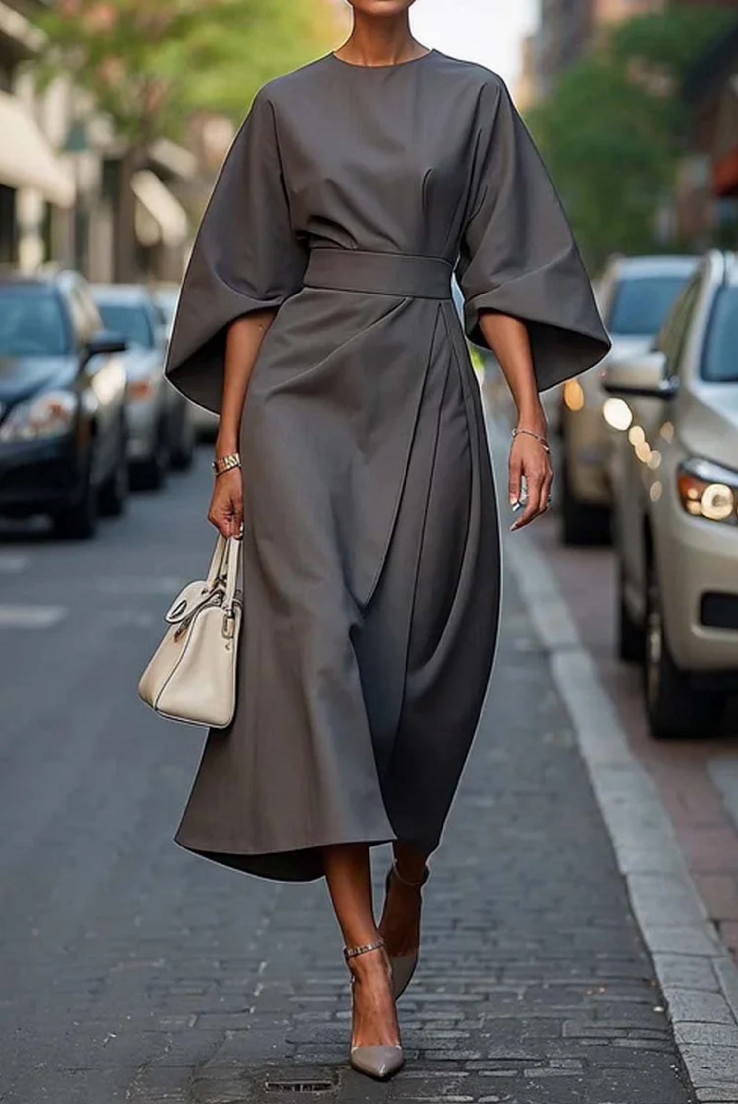 Women's Midi Dress in Woven Material with Waist Tie and Batwing Sleeves