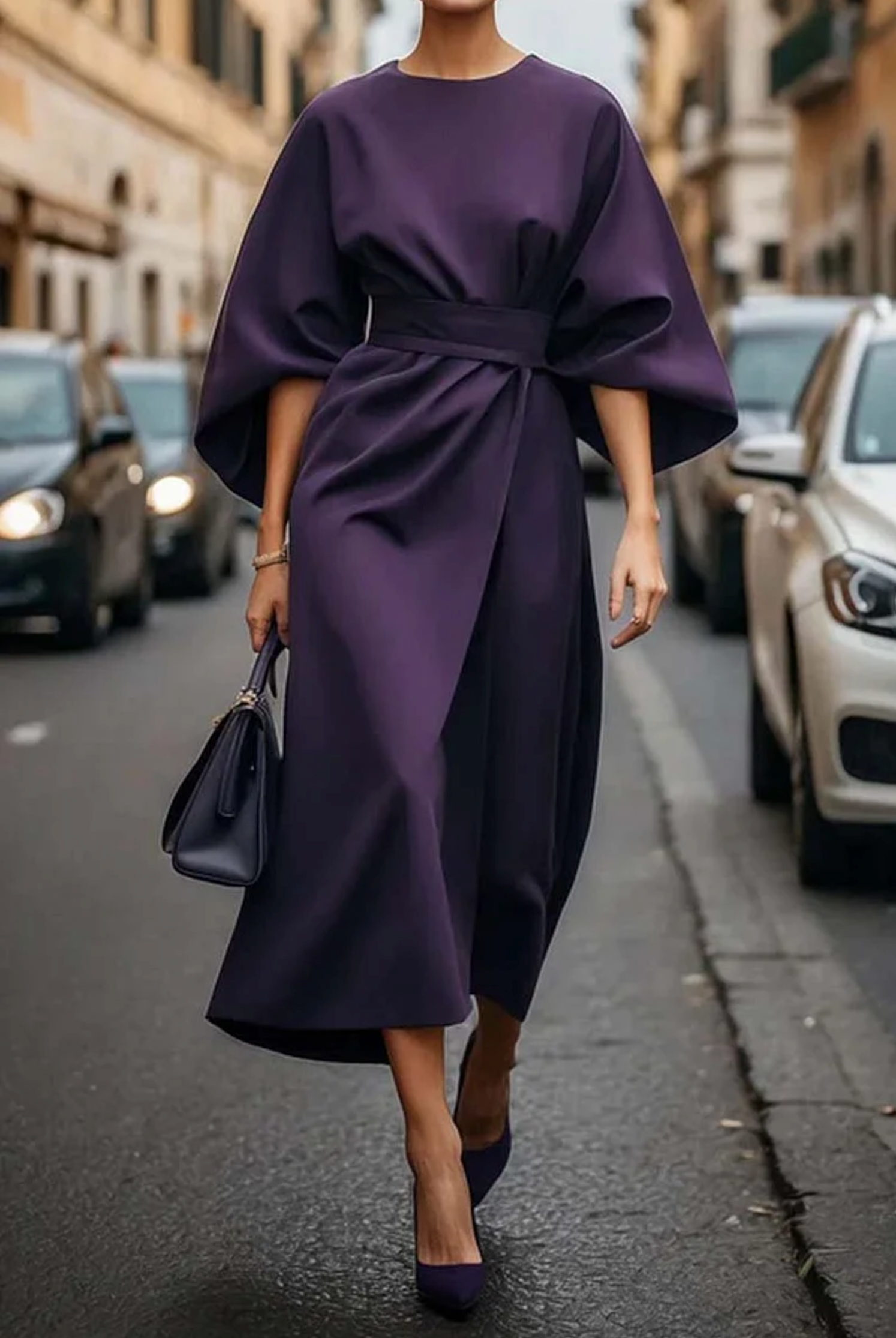 Women's Midi Dress in Woven Material with Waist Tie and Batwing Sleeves