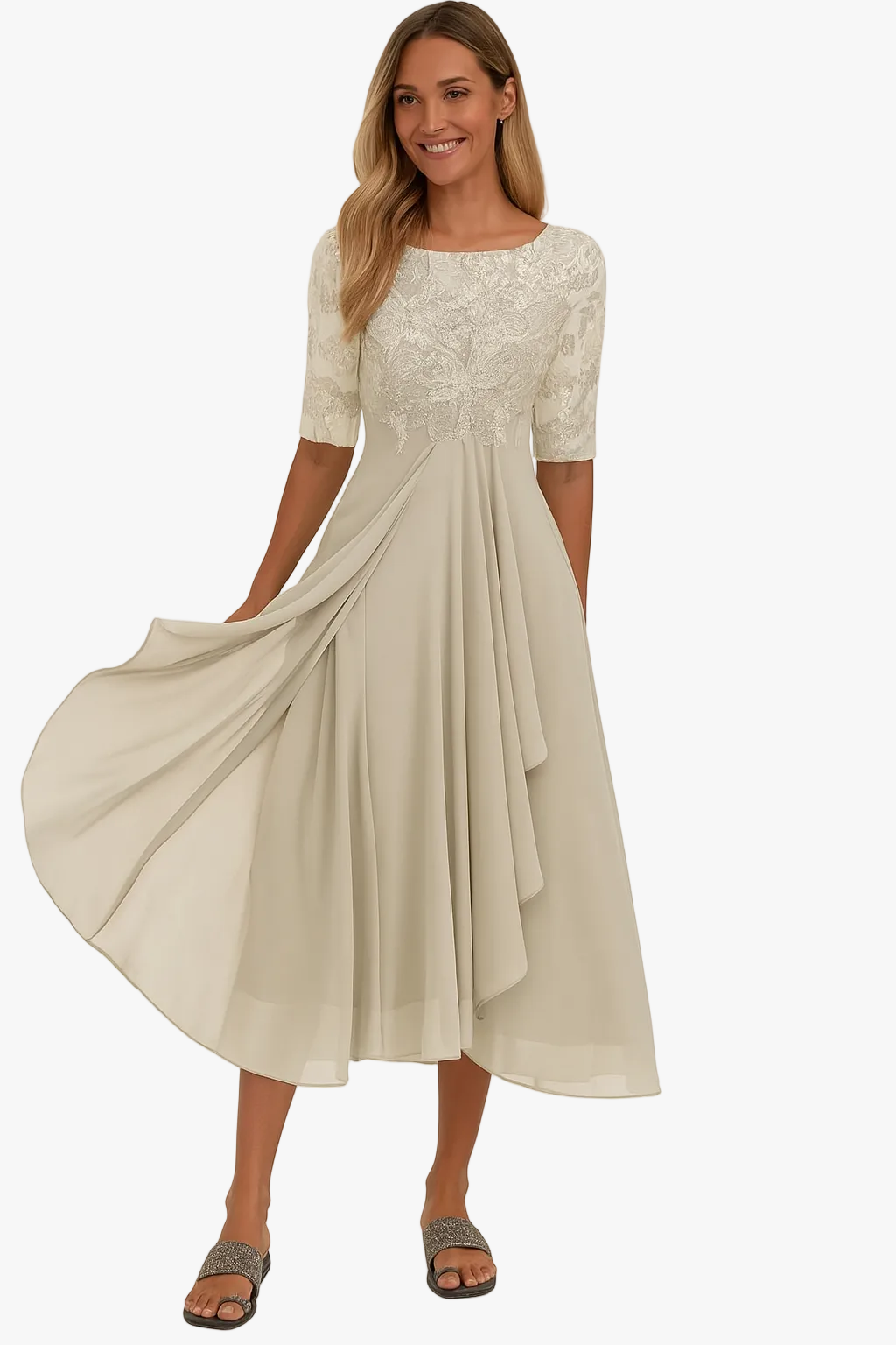 Women's Midi Dress with Lace Bodice and Sheer Elbow Sleeves