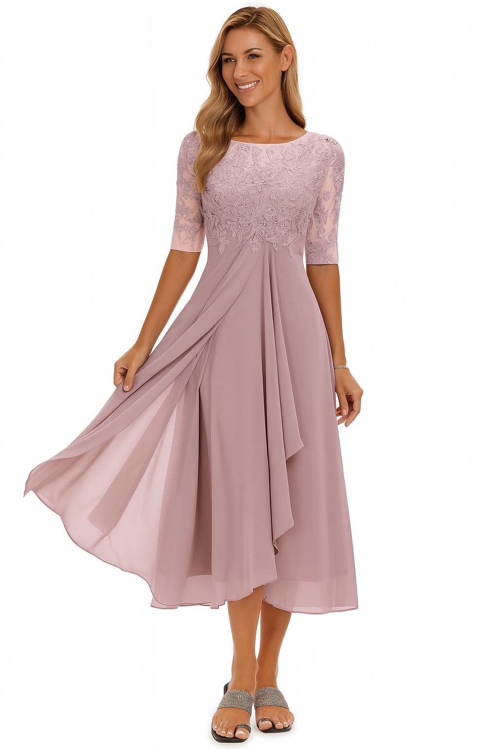 Women's Midi Dress with Lace Bodice and Sheer Elbow Sleeves