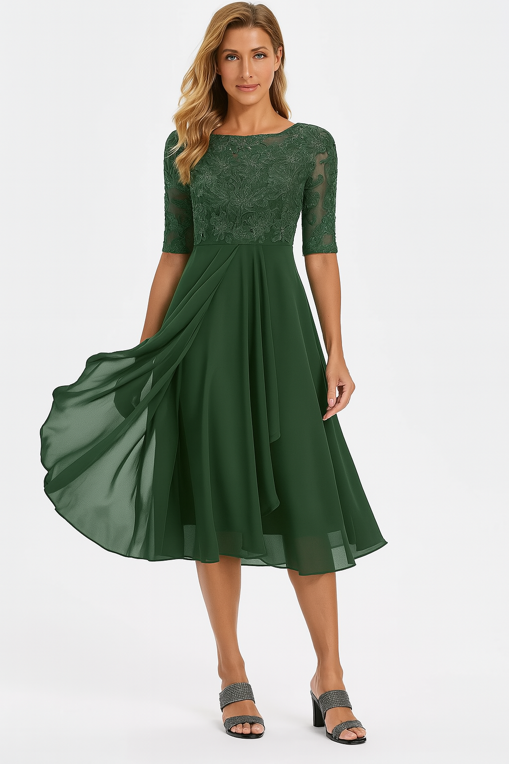 Women's Midi Dress with Lace Bodice and Sheer Elbow Sleeves