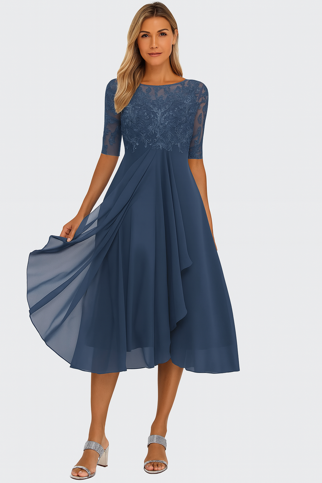 Women's Midi Dress with Lace Bodice and Sheer Elbow Sleeves