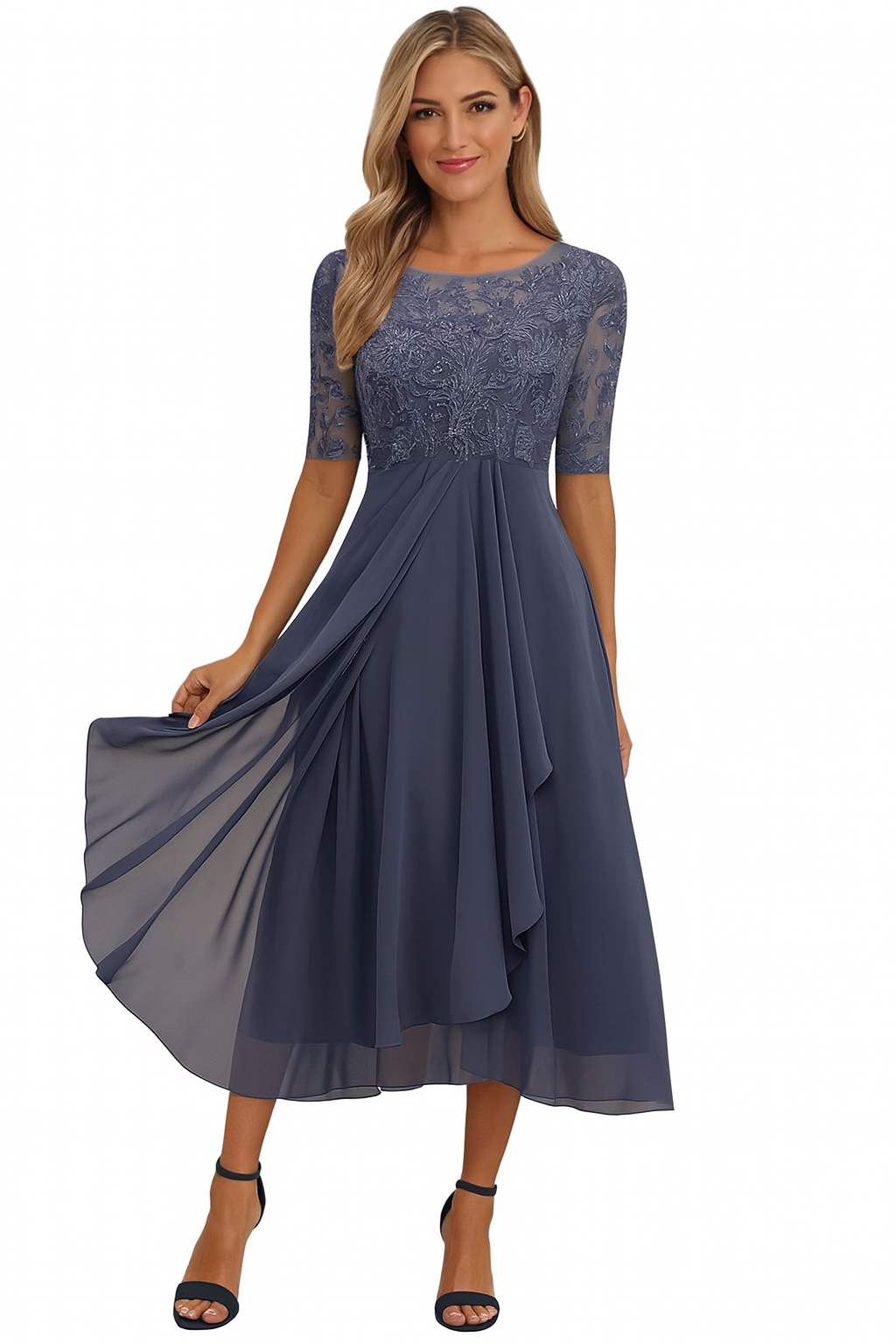 Women's Midi Dress with Lace Bodice and Sheer Elbow Sleeves