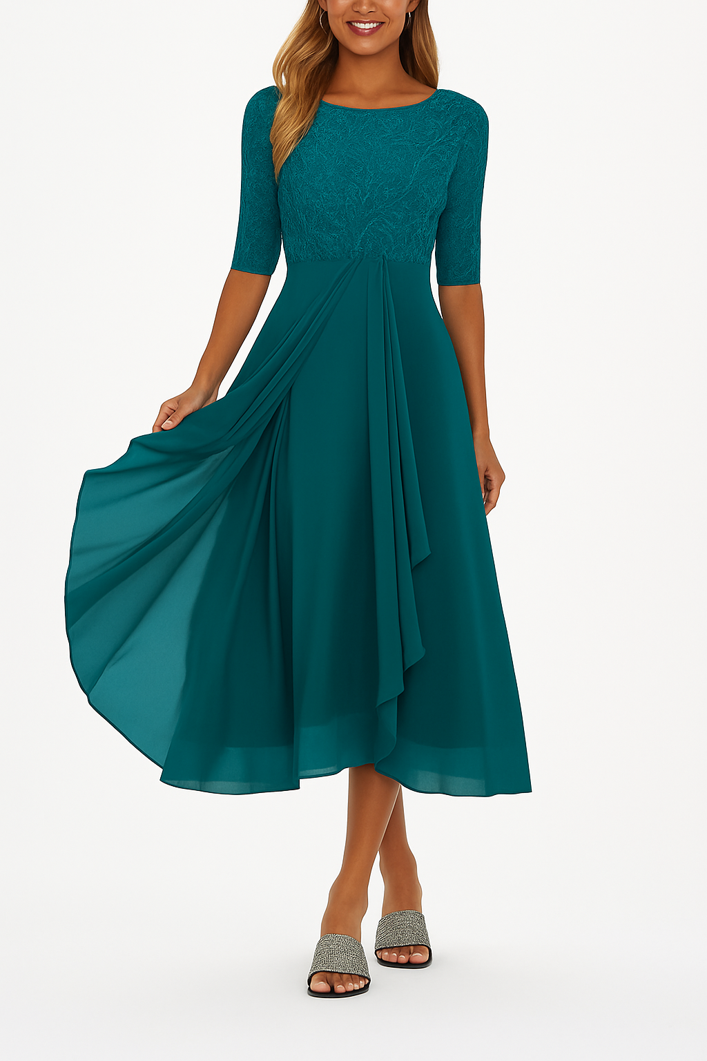 Women's Midi Dress with Lace Bodice and Sheer Elbow Sleeves