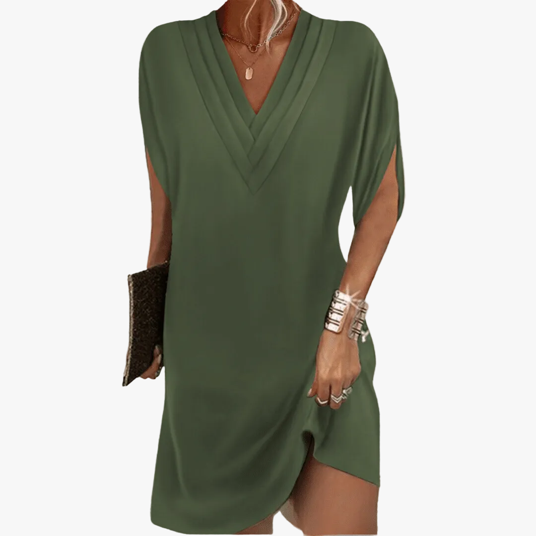 Women's Midi Dress with Layered V Neck and Sleeve Slits