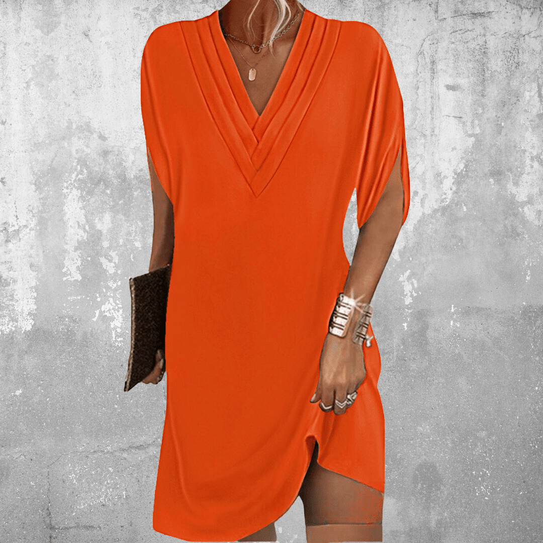 Women's Midi Dress with Layered V Neck and Sleeve Slits