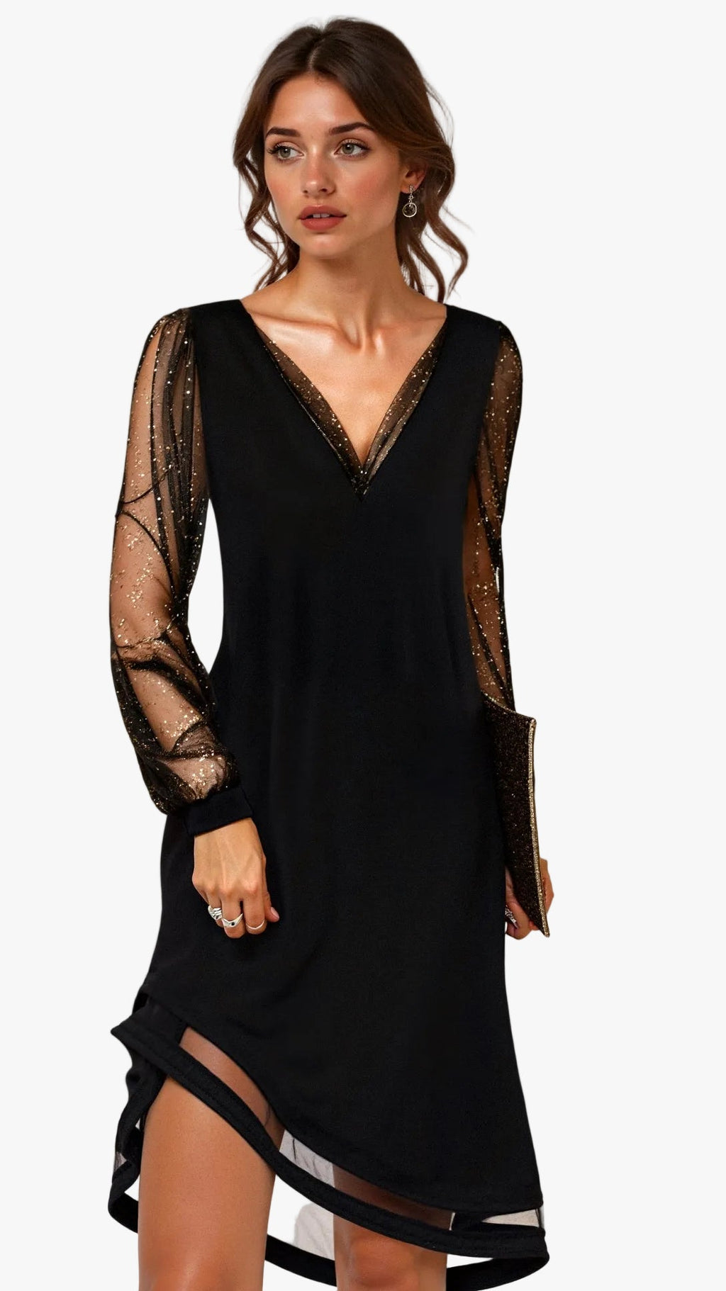 Women's Midi Dress with Mesh Sleeves and V-Neck Trim