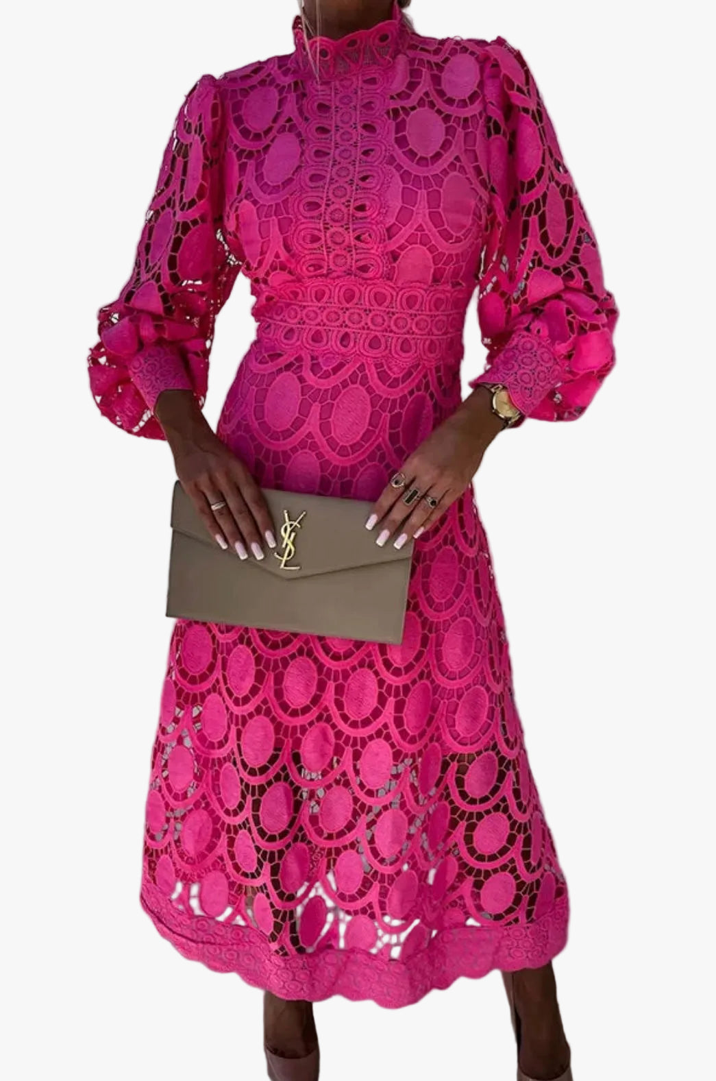 Women's Midi Lace Dress with High Neck and Puff Sleeves