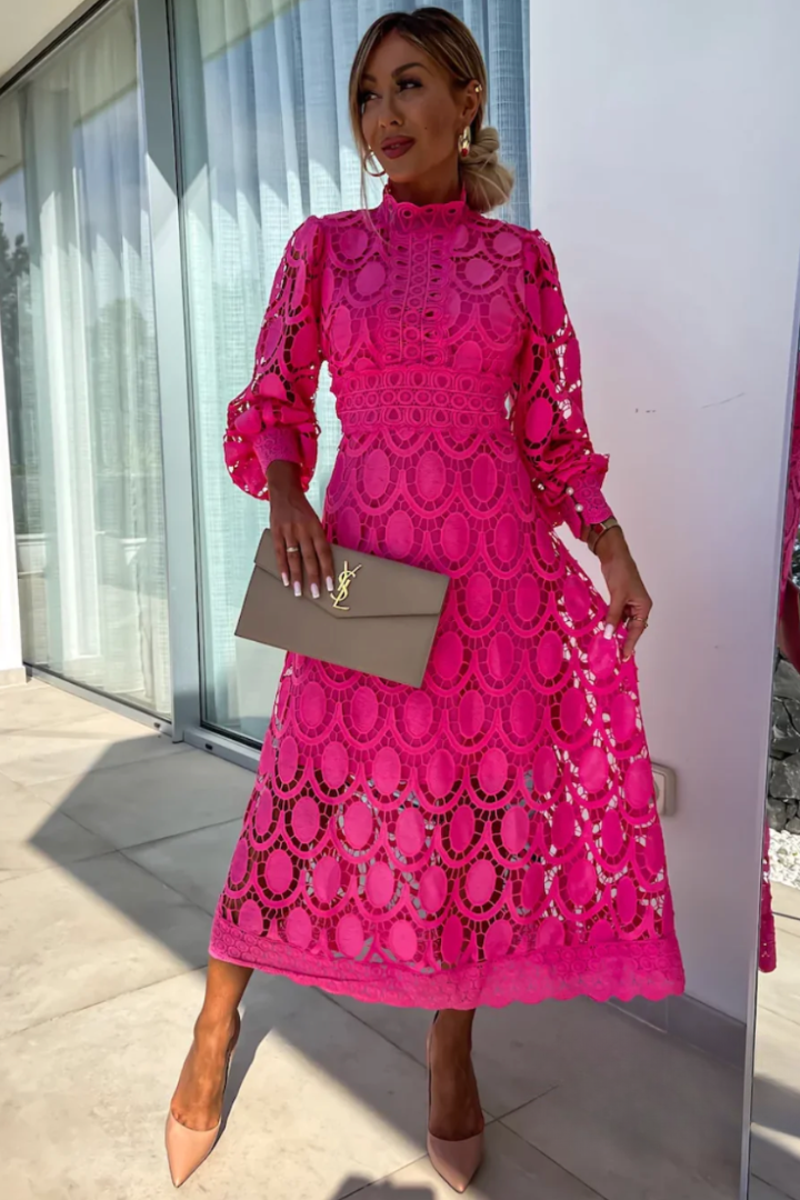Women's Midi Lace Dress with High Neck and Puff Sleeves