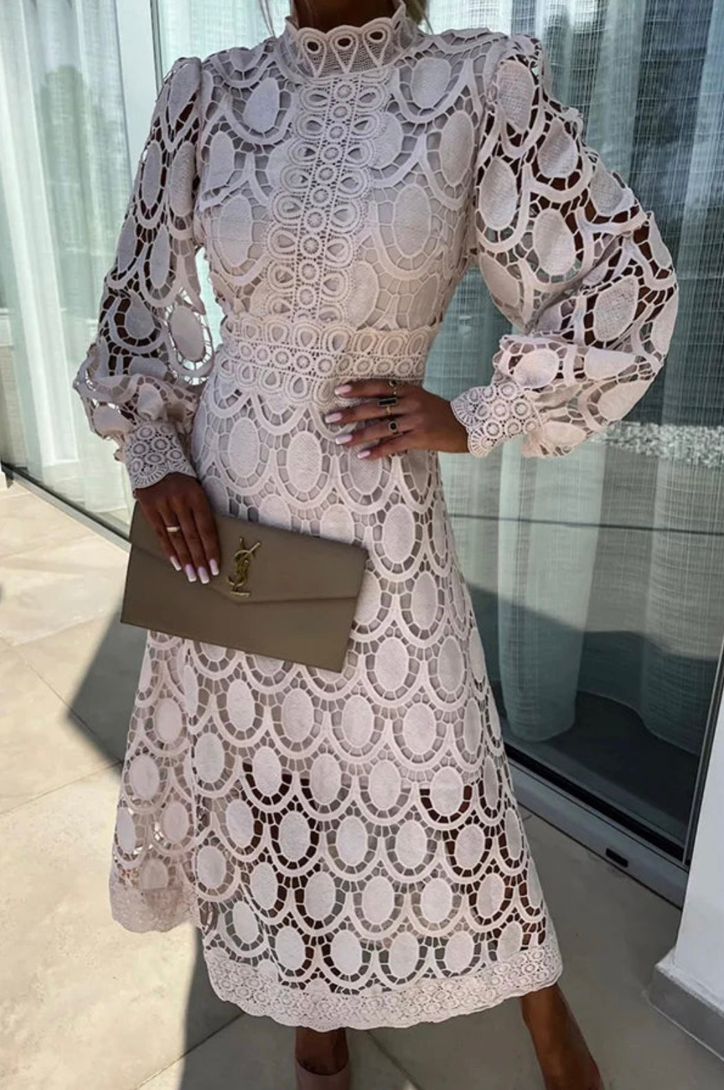 Women's Midi Lace Dress with High Neck and Puff Sleeves