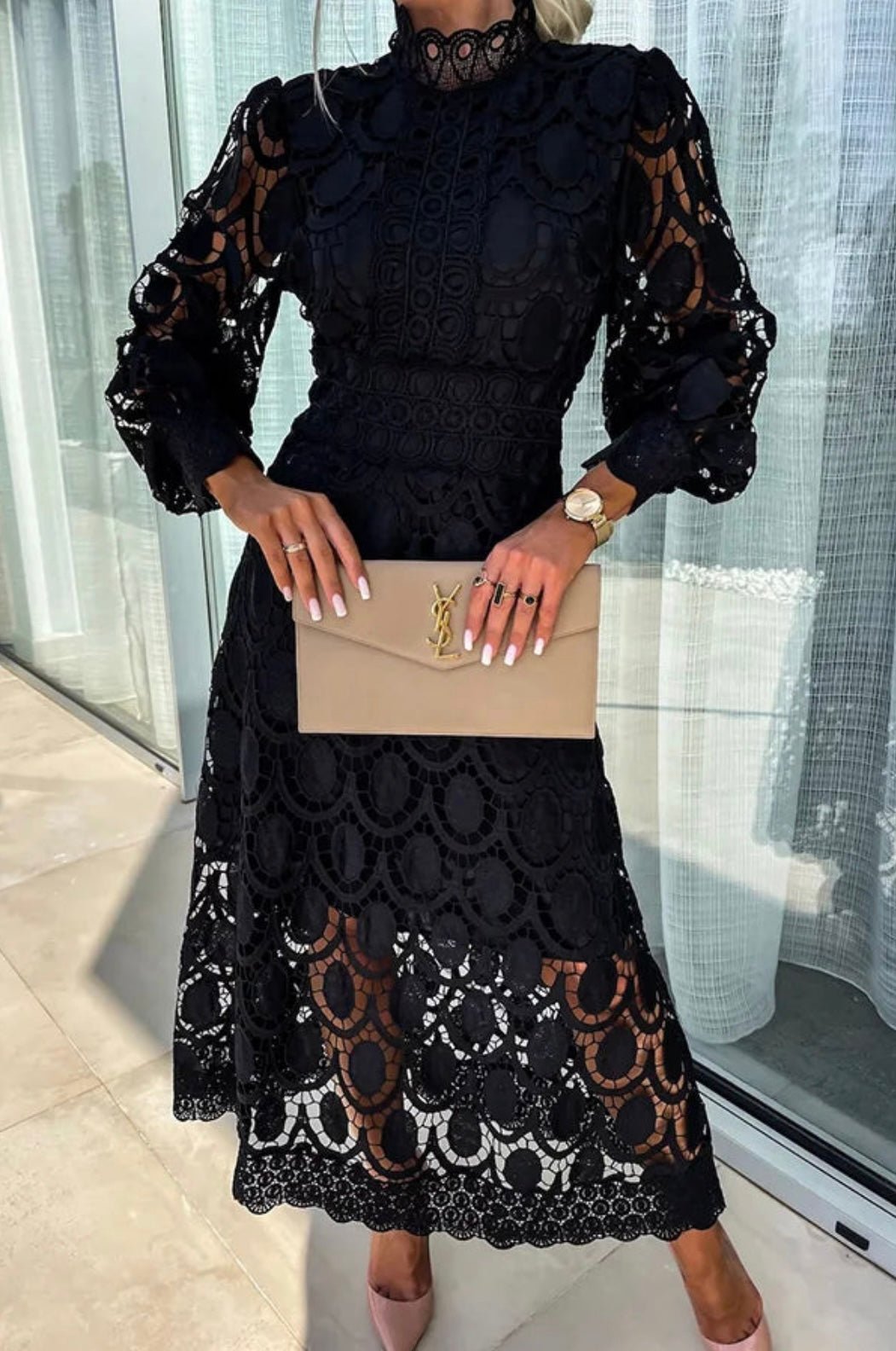 Women's Midi Lace Dress with High Neck and Puff Sleeves