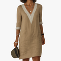 Women's Midi Linen Dress with V Neck and Trim Accents
