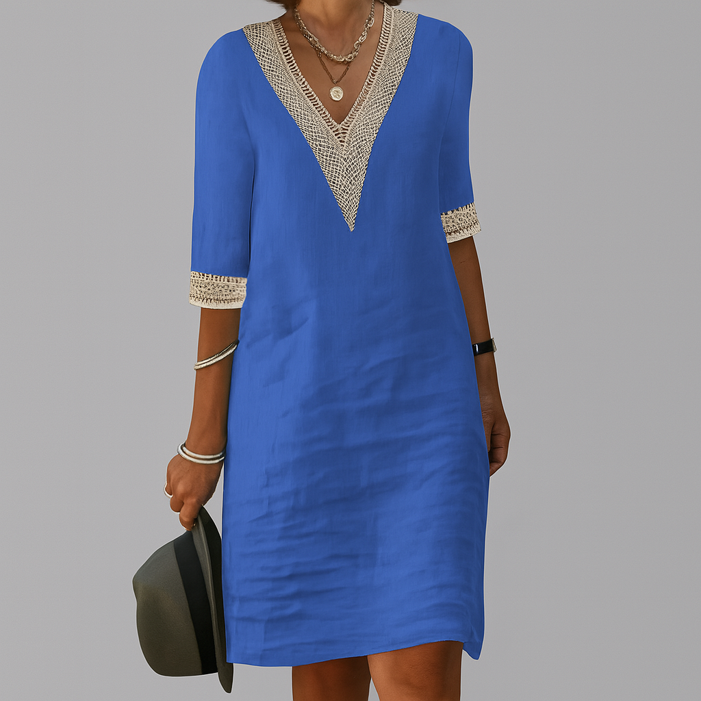 Women's Midi Linen Dress with V Neck and Trim Accents