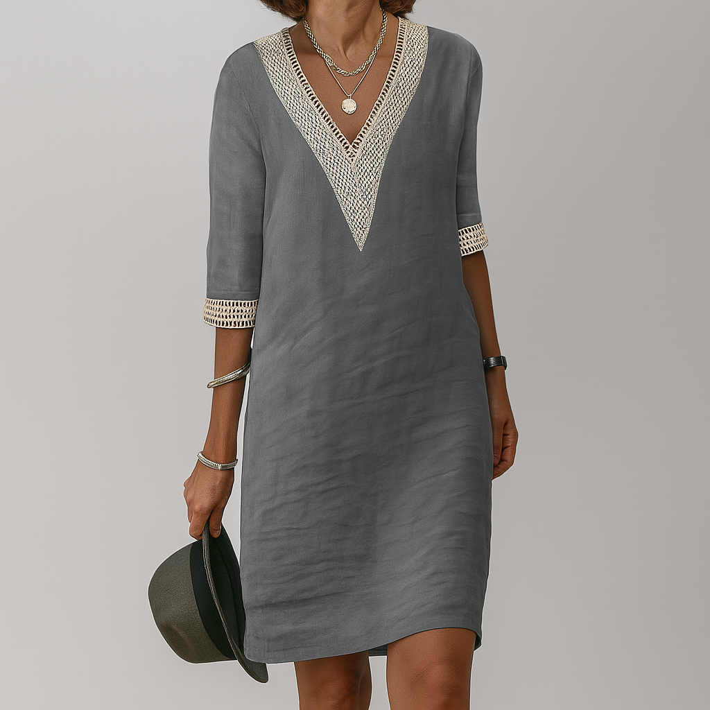 Women's Midi Linen Dress with V Neck and Trim Accents