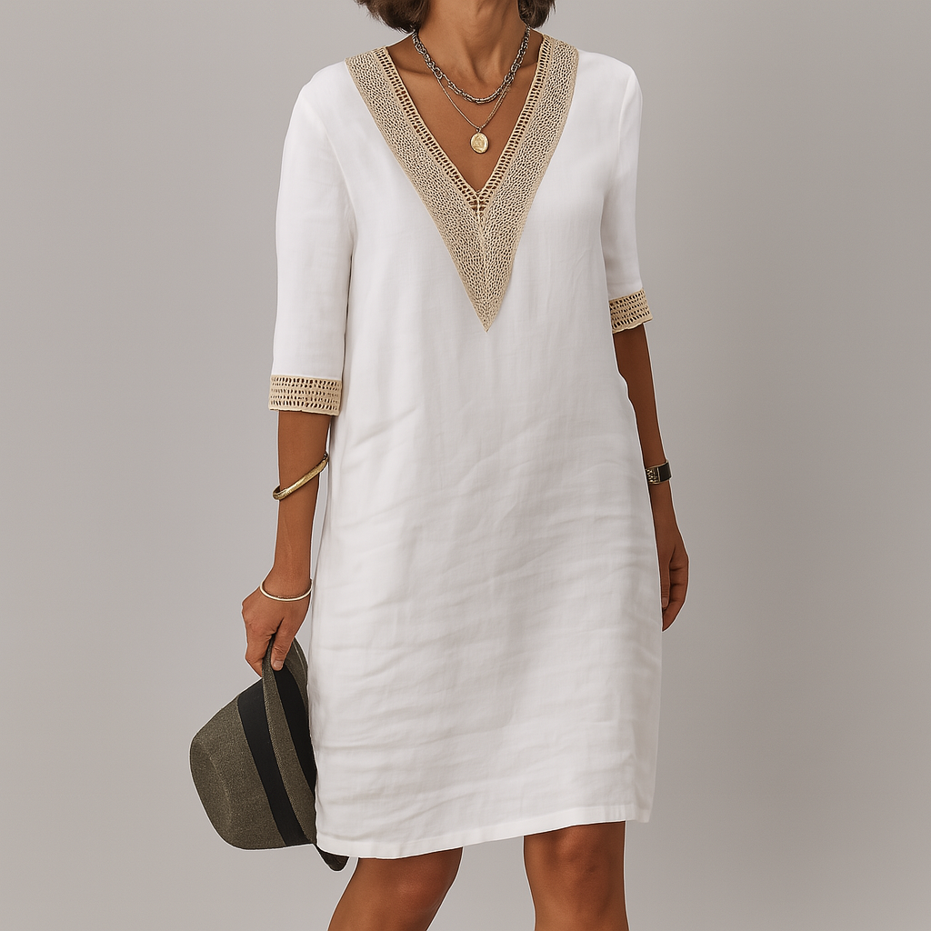 Women's Midi Linen Dress with V Neck and Trim Accents