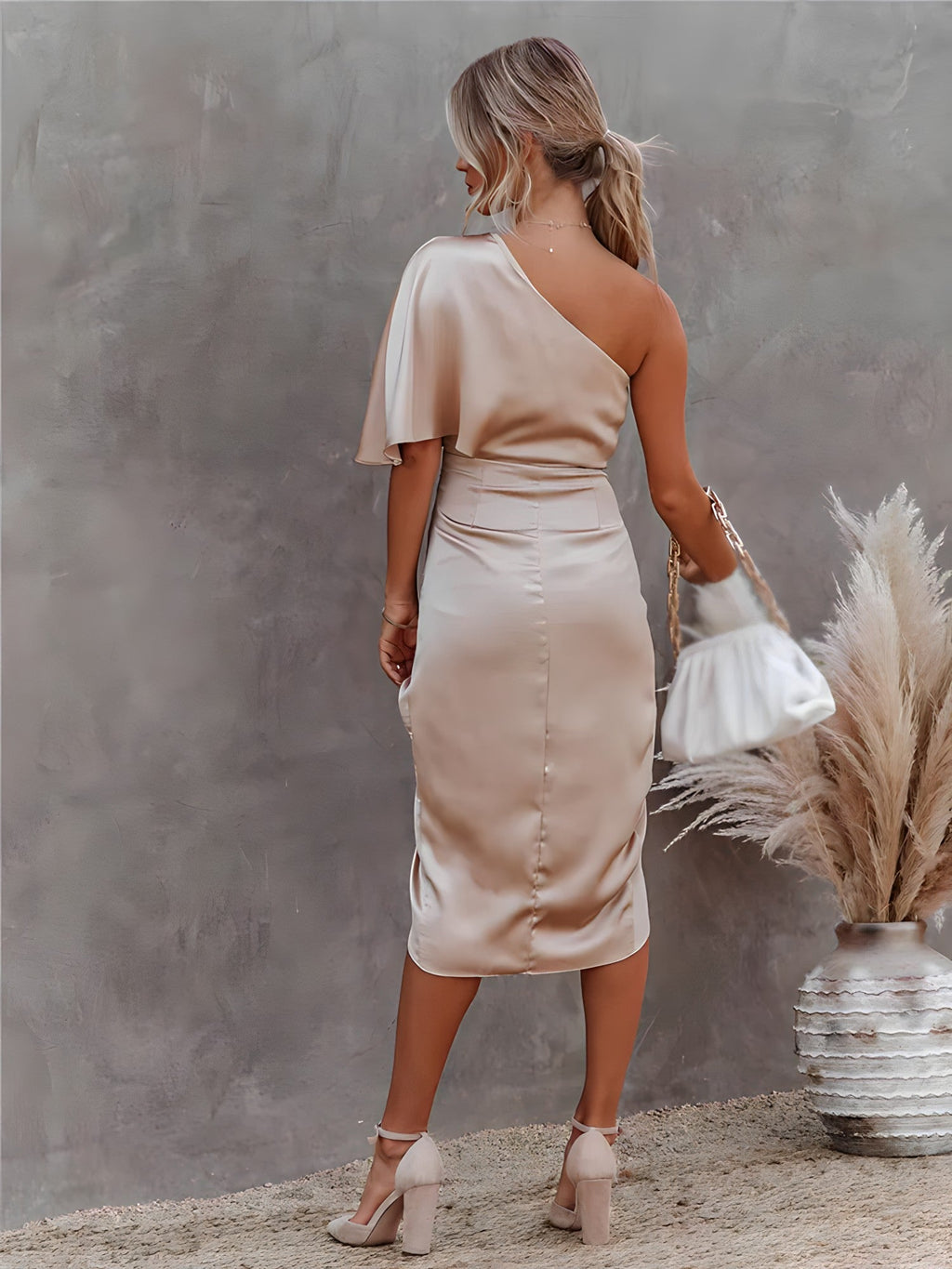 Women's Midi Satin Dress with One-Shoulder Neckline and Wrap Slit