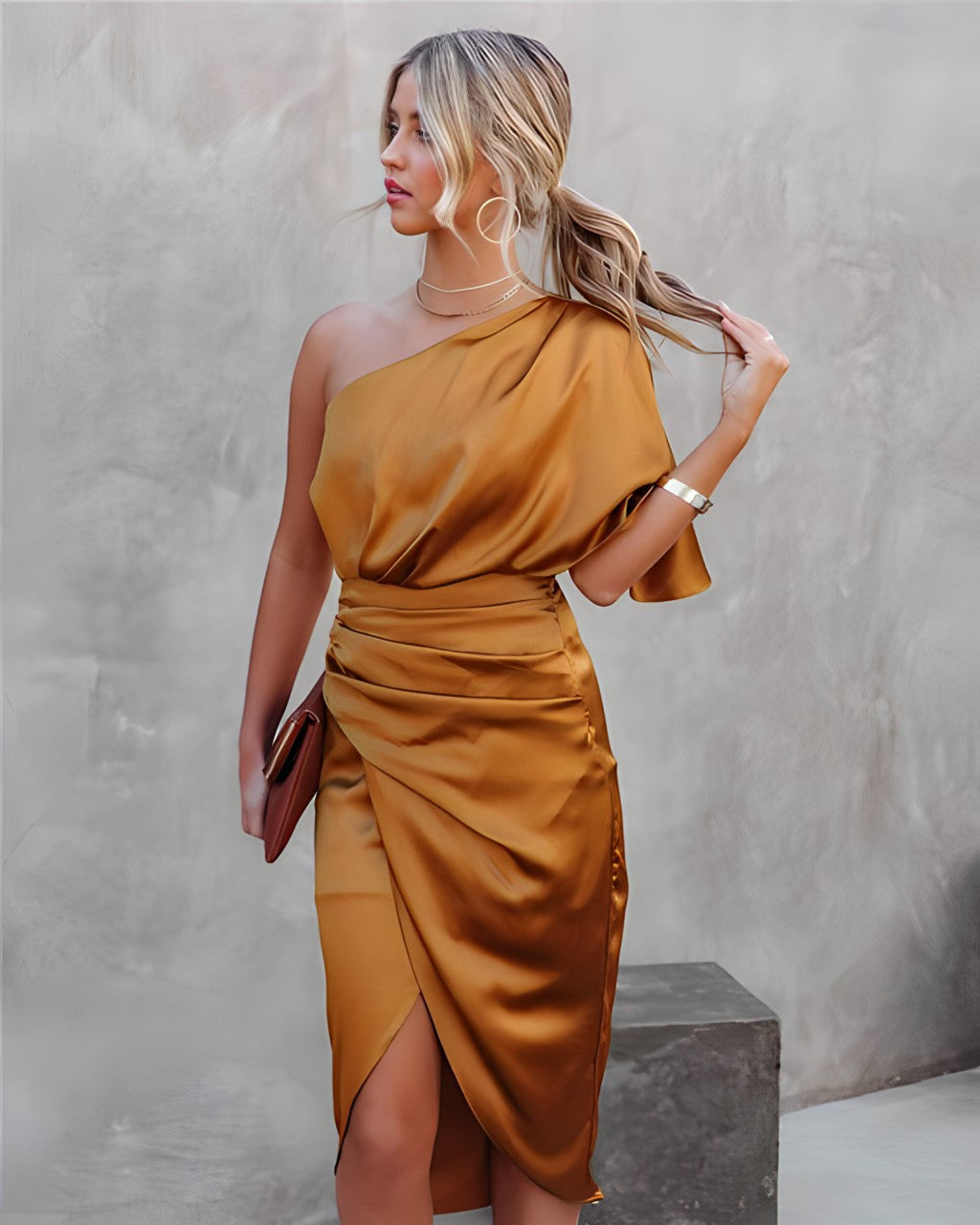 Women's Midi Satin Dress with One-Shoulder Neckline and Wrap Slit