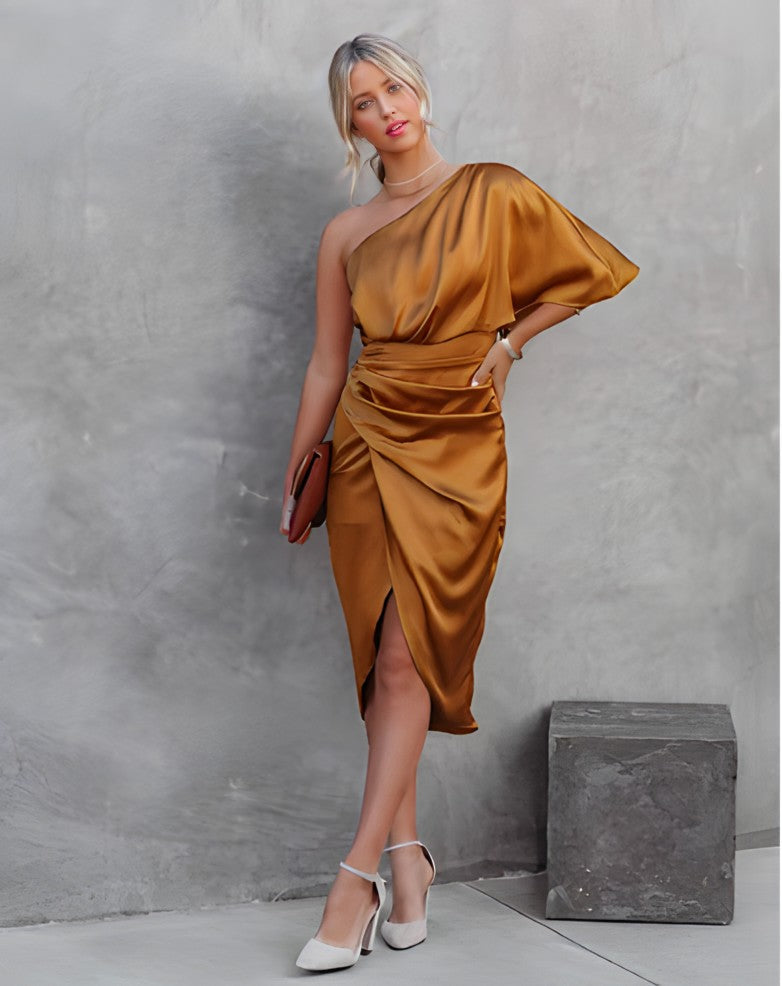 Women's Midi Satin Dress with One-Shoulder Neckline and Wrap Slit