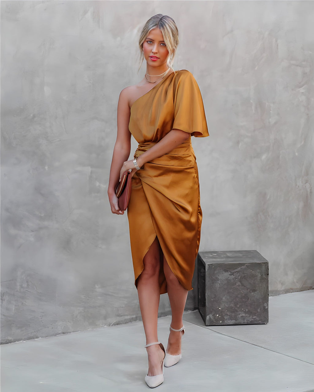 Women's Midi Satin Dress with One-Shoulder Neckline and Wrap Slit