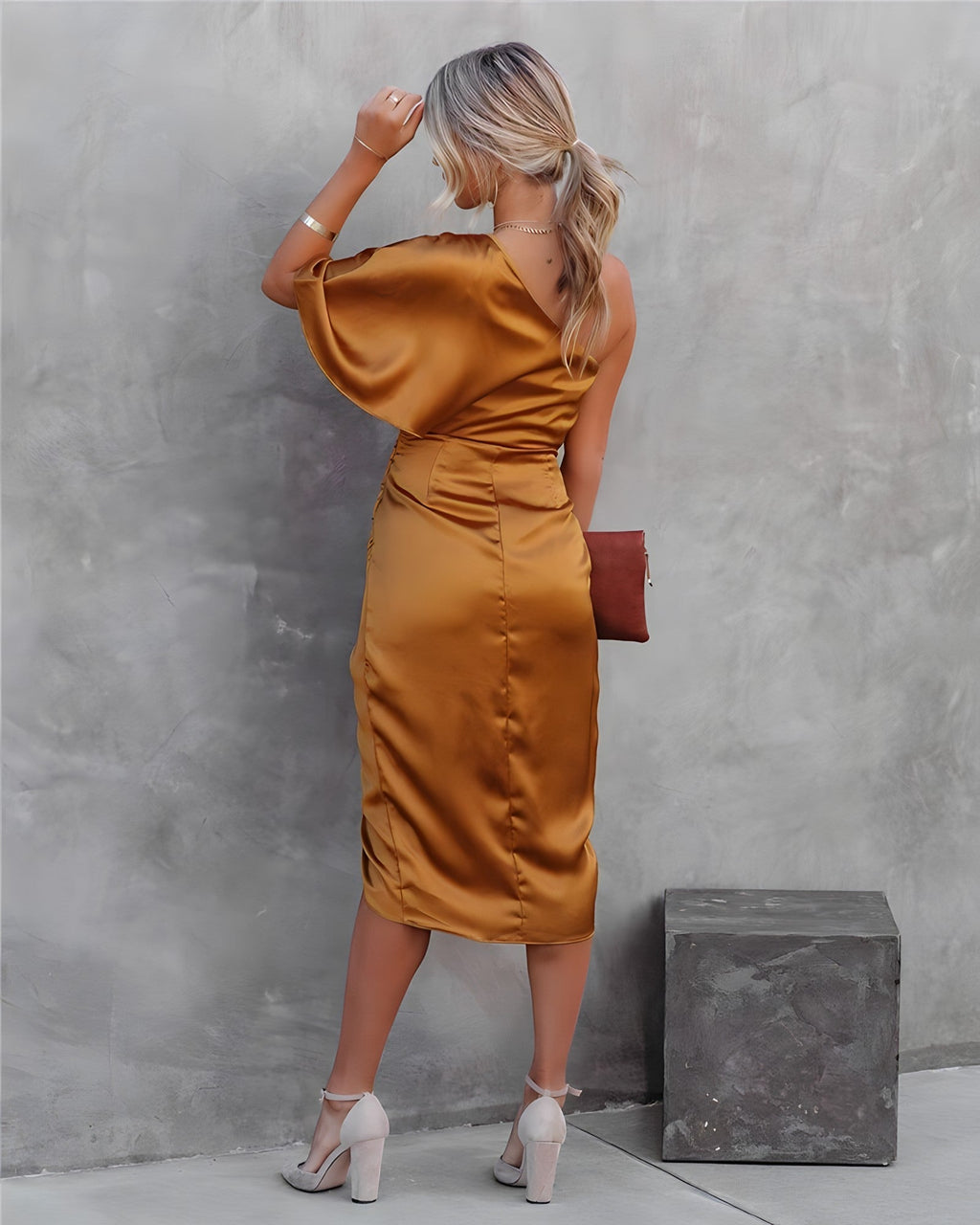 Women's Midi Satin Dress with One-Shoulder Neckline and Wrap Slit