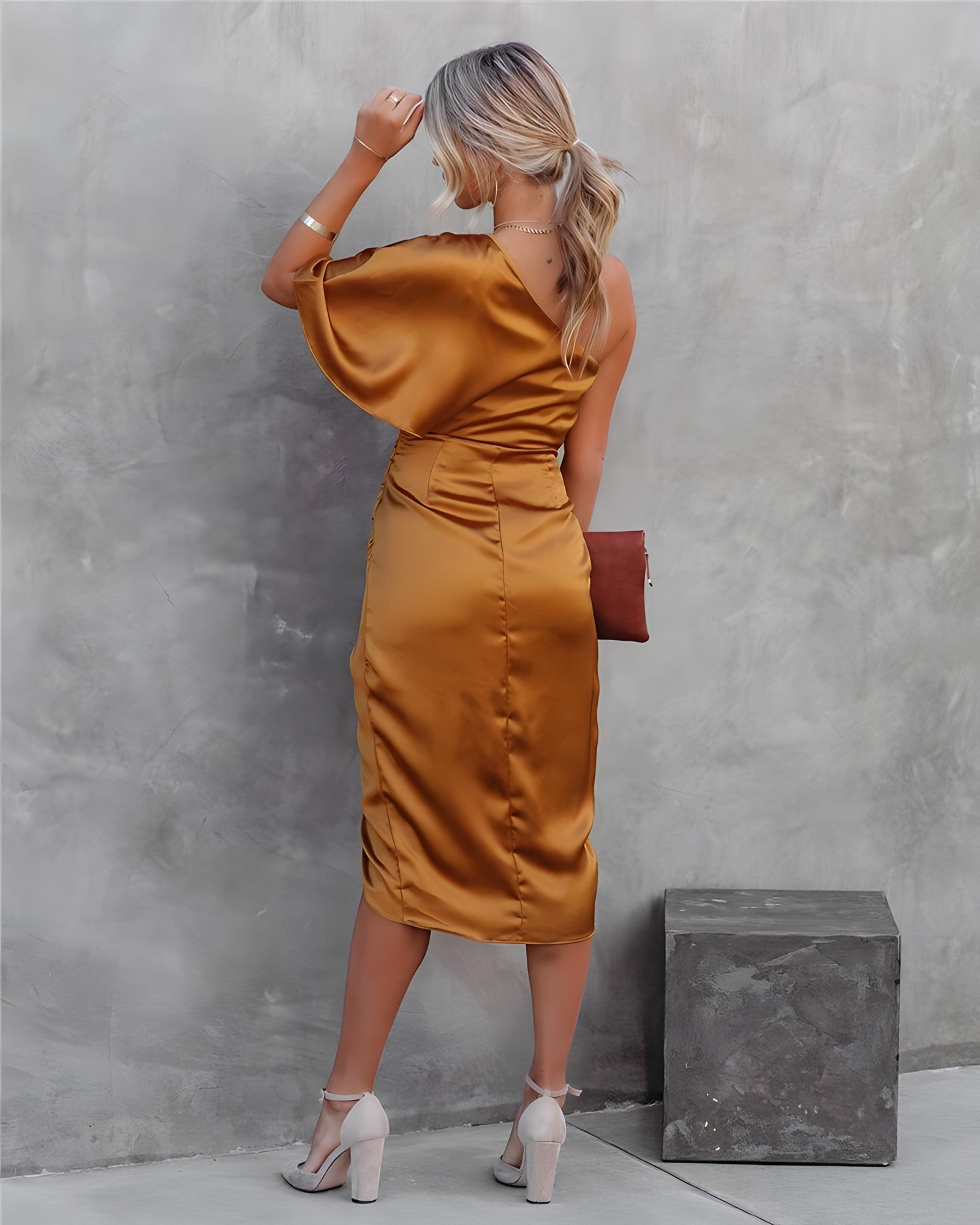 Women's Midi Satin Dress with One-Shoulder Neckline and Wrap Slit