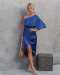 Women's Midi Satin Dress with One-Shoulder Neckline and Wrap Slit