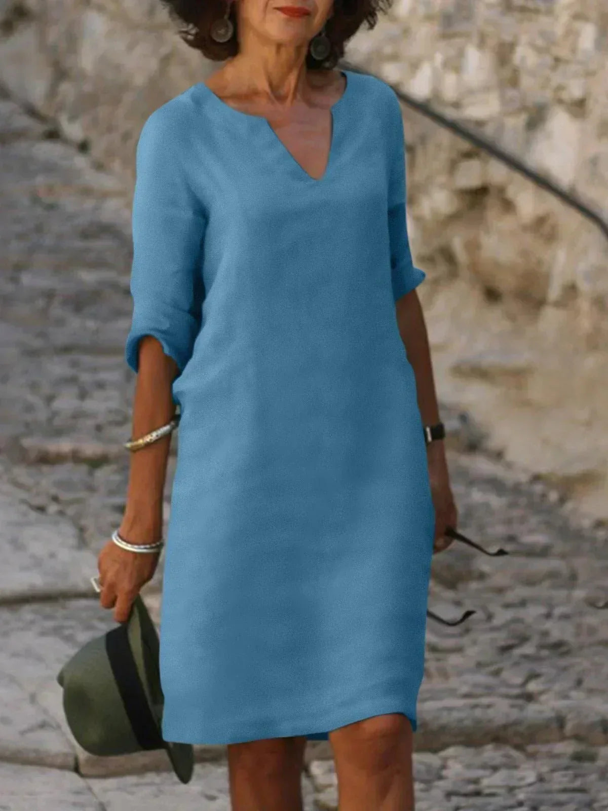 Women's Midi Shift Dress with Woven Finish and V Neck