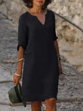Women's Midi Shift Dress with Woven Finish and V Neck