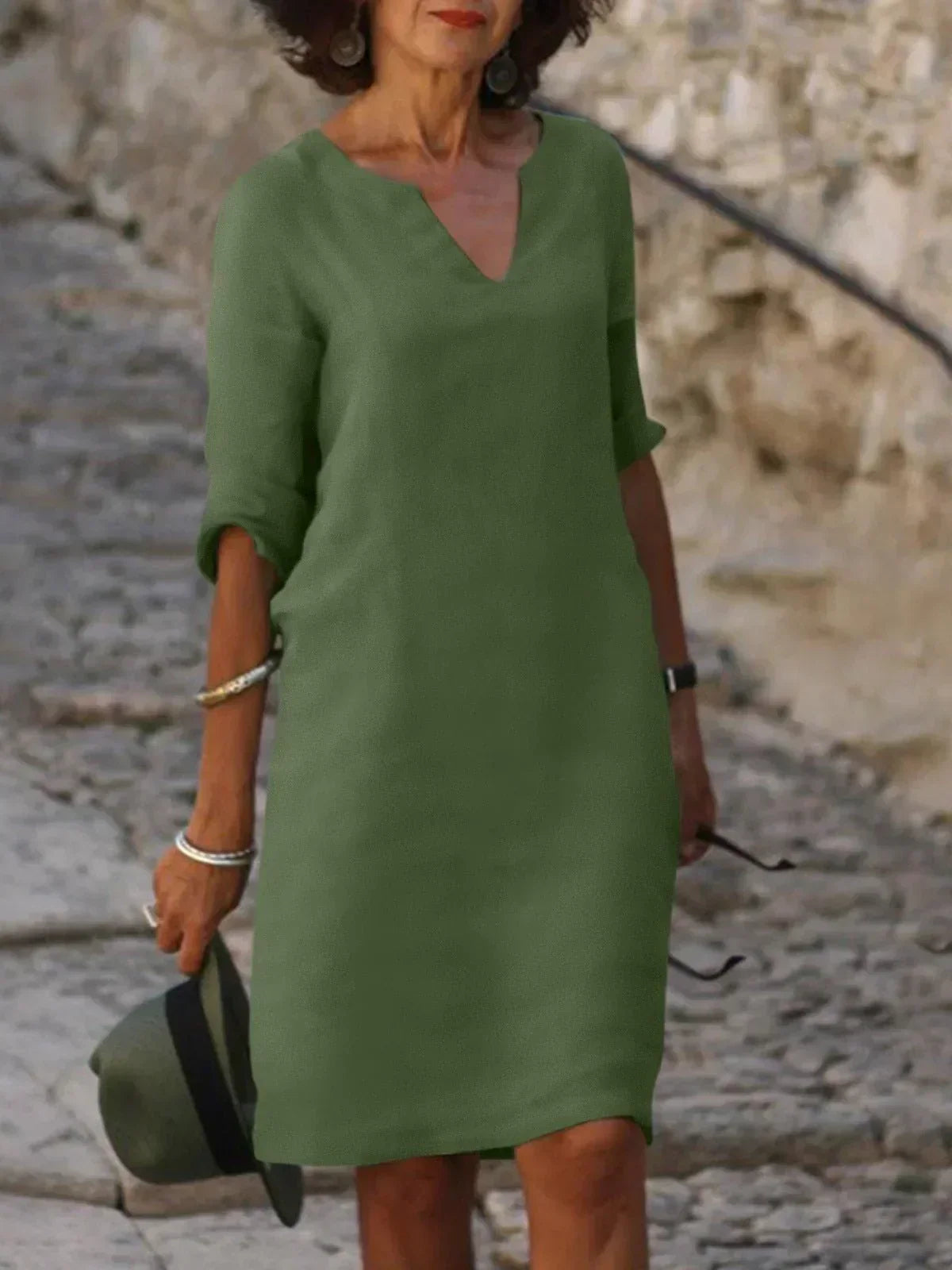Women's Midi Shift Dress with Woven Finish and V Neck