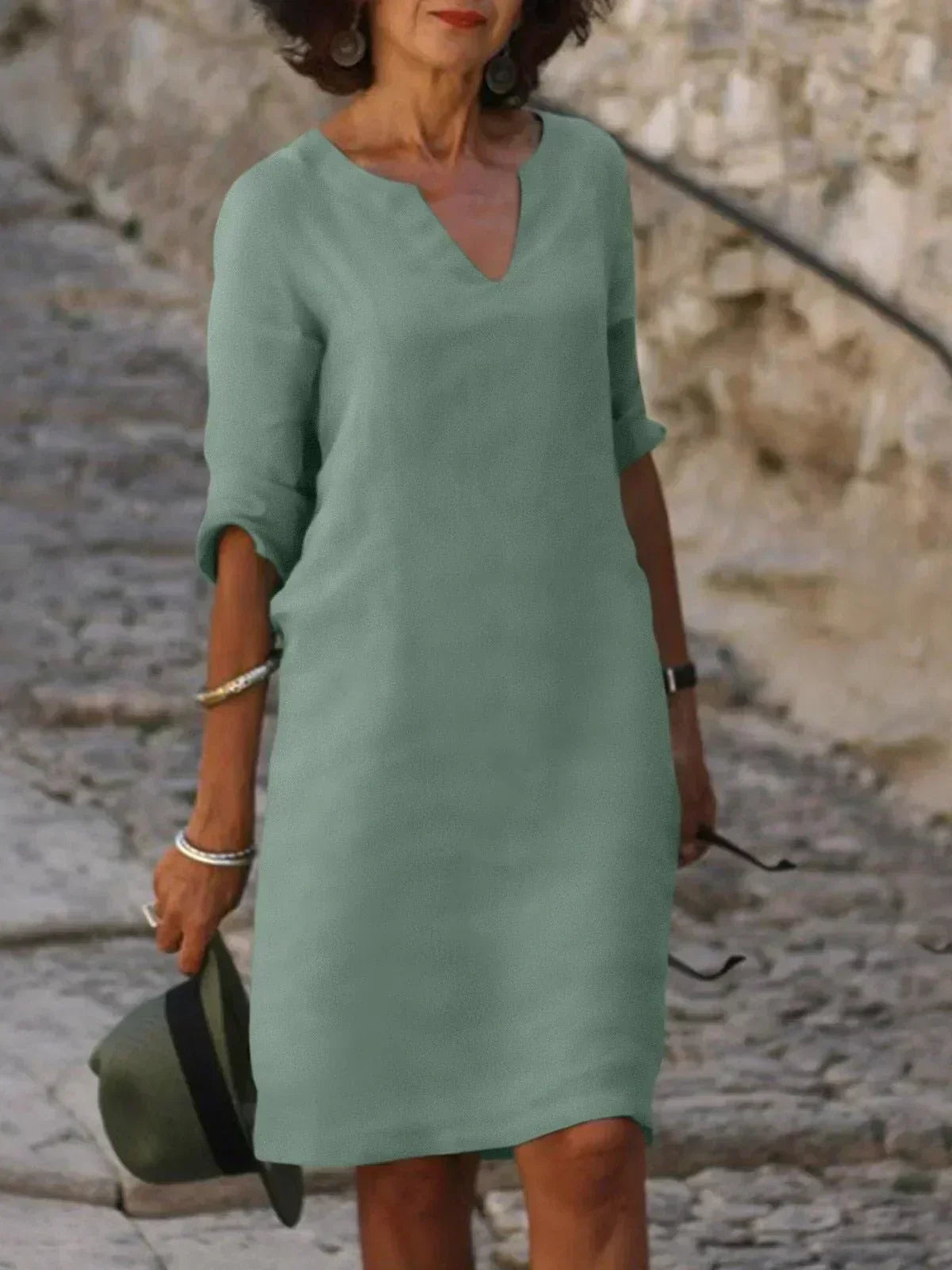 Women's Midi Shift Dress with Woven Finish and V Neck