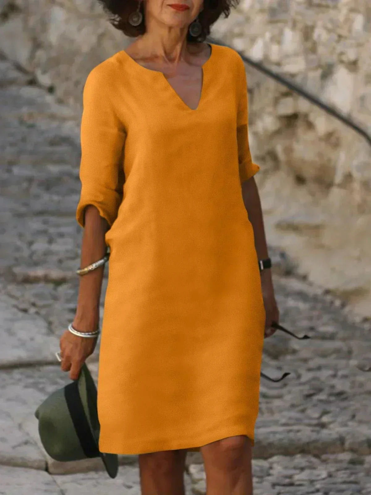Women's Midi Shift Dress with Woven Finish and V Neck