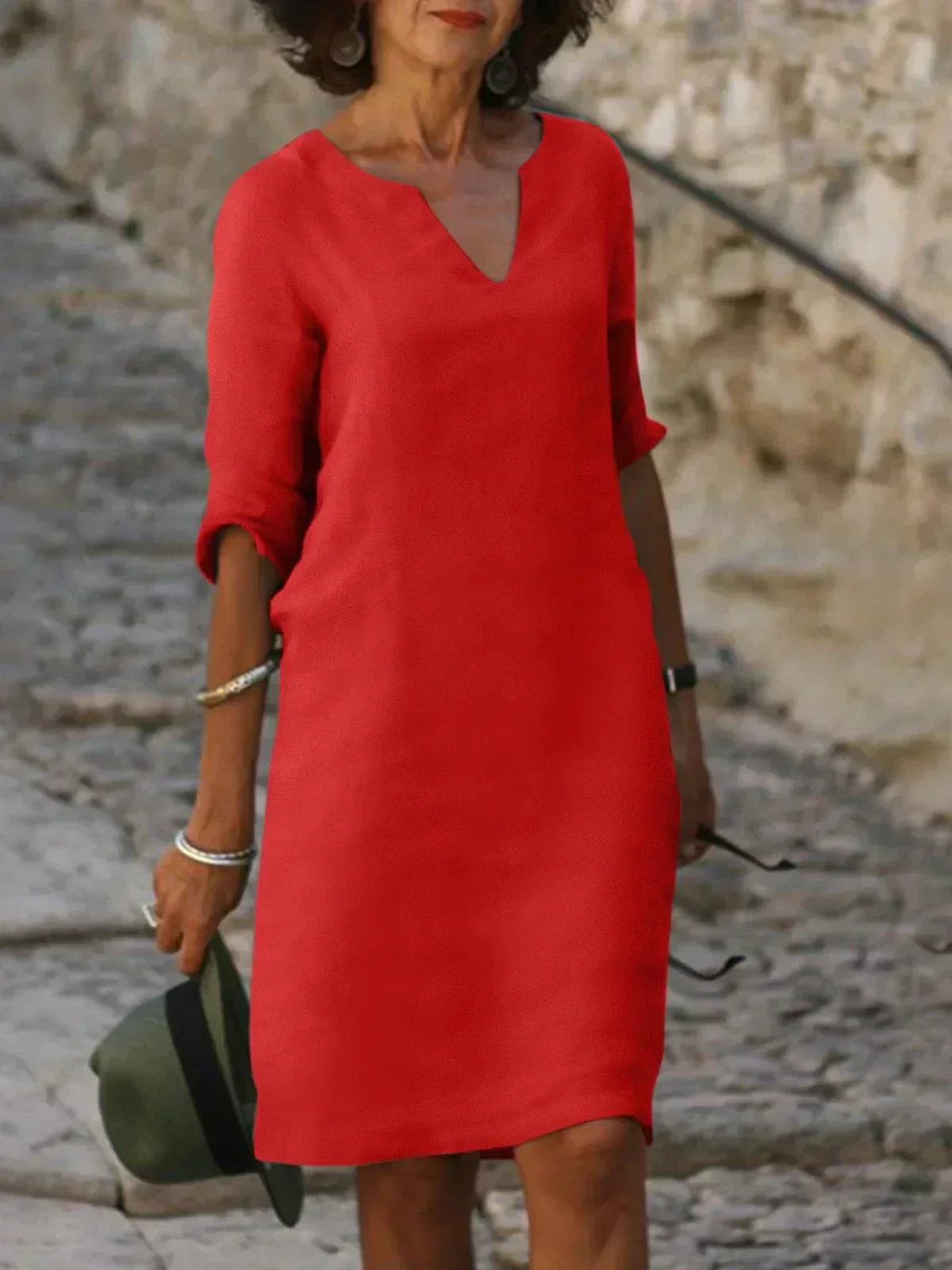Women's Midi Shift Dress with Woven Finish and V Neck