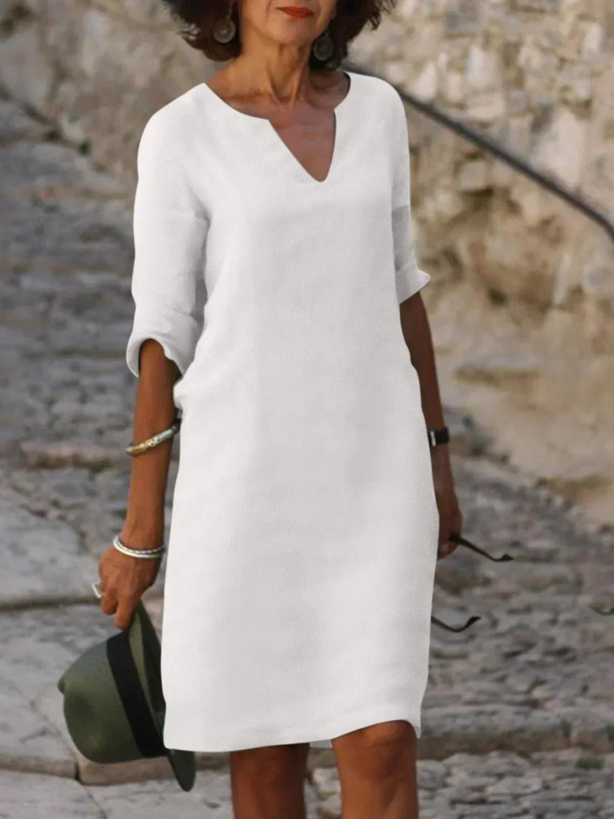 Women's Midi Shift Dress with Woven Finish and V Neck