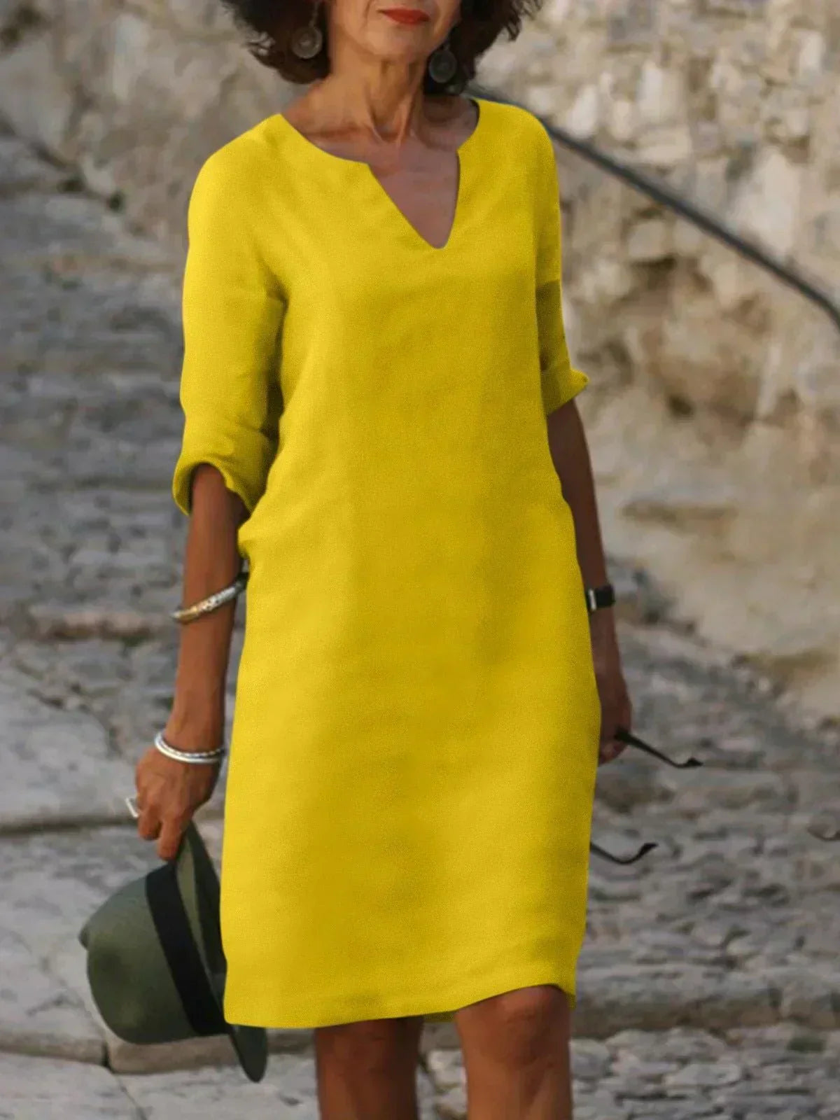 Women's Midi Shift Dress with Woven Finish and V Neck