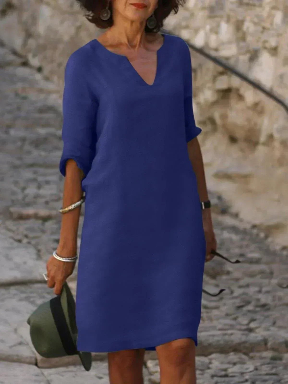 Women's Midi Shift Dress with Woven Finish and V Neck