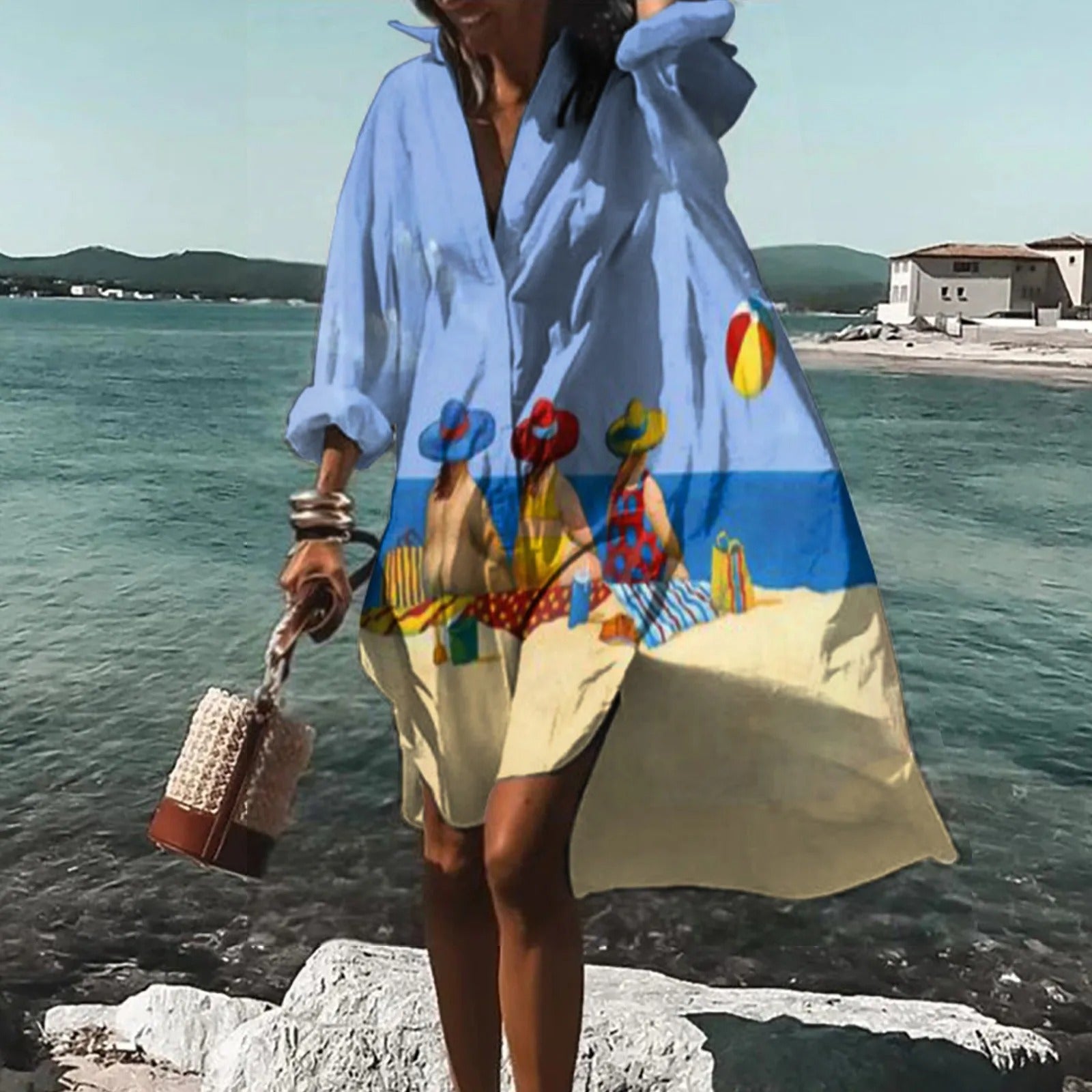 Women's Midi Shirt Dress with Button Front and Collar