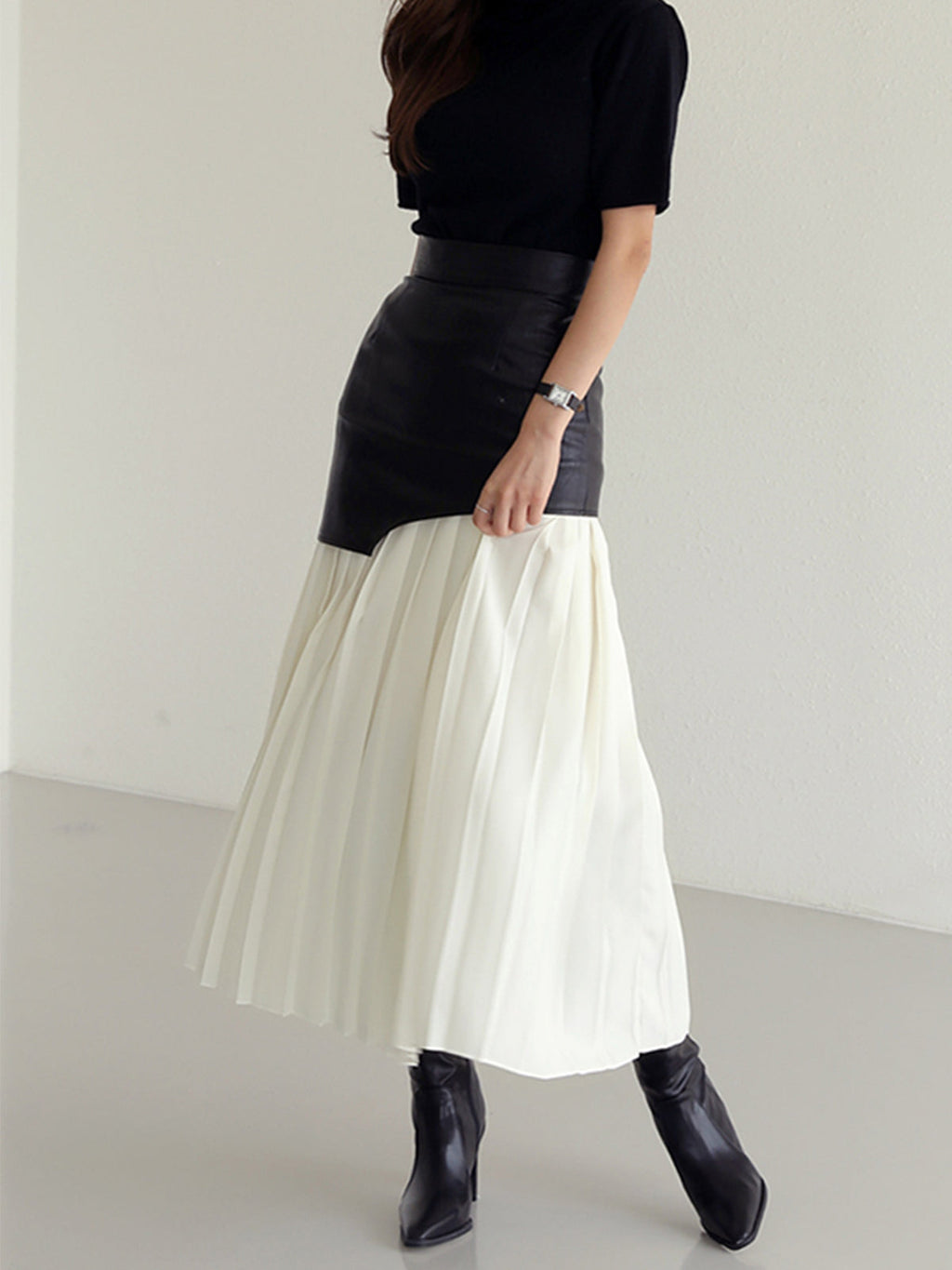 Women's Midi Skirt with Faux Overlay and Pleated Hem