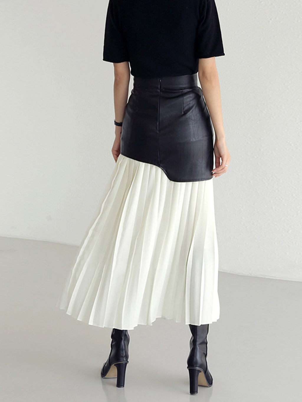 Women's Midi Skirt with Faux Overlay and Pleated Hem
