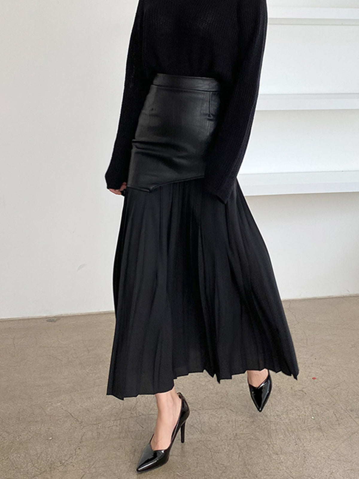 Women's Midi Skirt with Faux Overlay and Pleated Hem