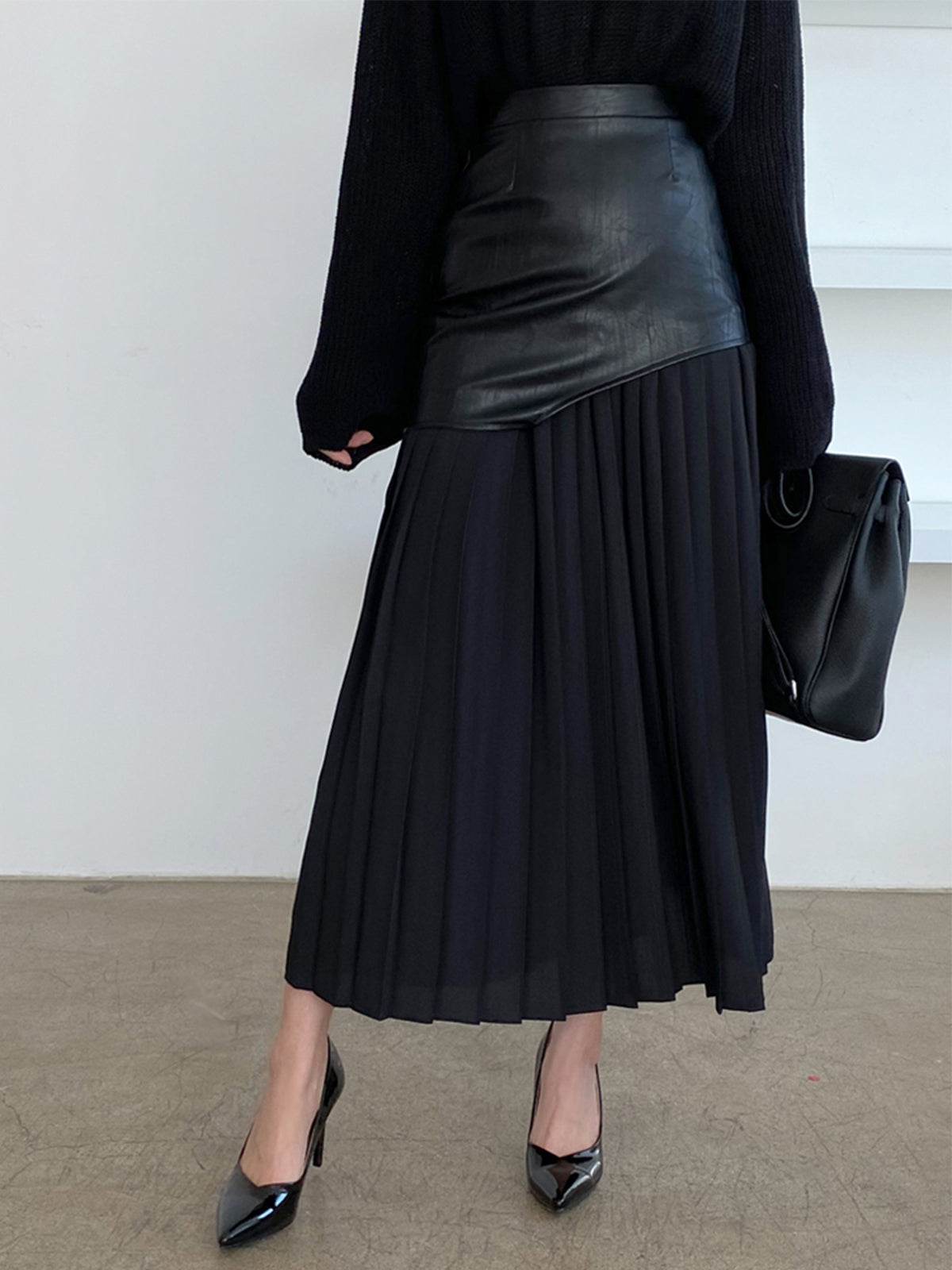 Women's Midi Skirt with Faux Overlay and Pleated Hem
