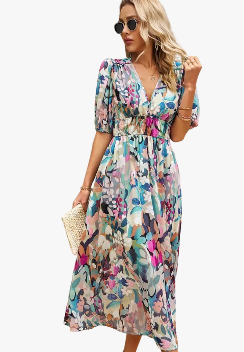Women's Midi Synthetic Dress with V Neck and Smocked Waist
