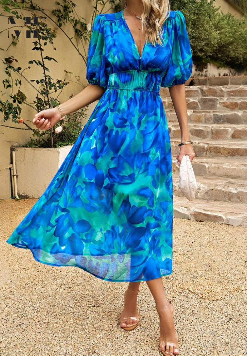 Women's Midi Synthetic Dress with V Neck and Smocked Waist
