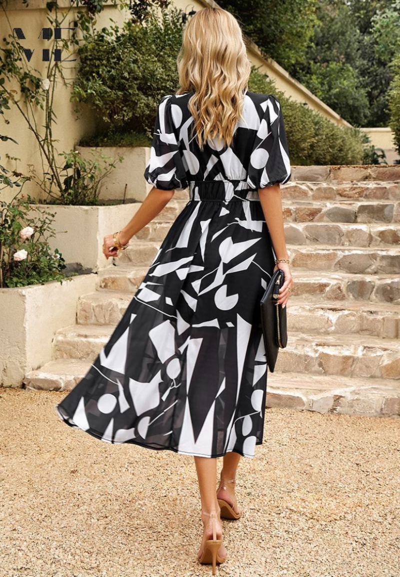 Women's Midi Synthetic Dress with V Neck and Smocked Waist
