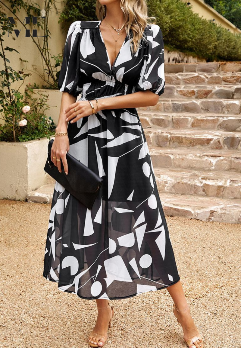 Women's Midi Synthetic Dress with V Neck and Smocked Waist