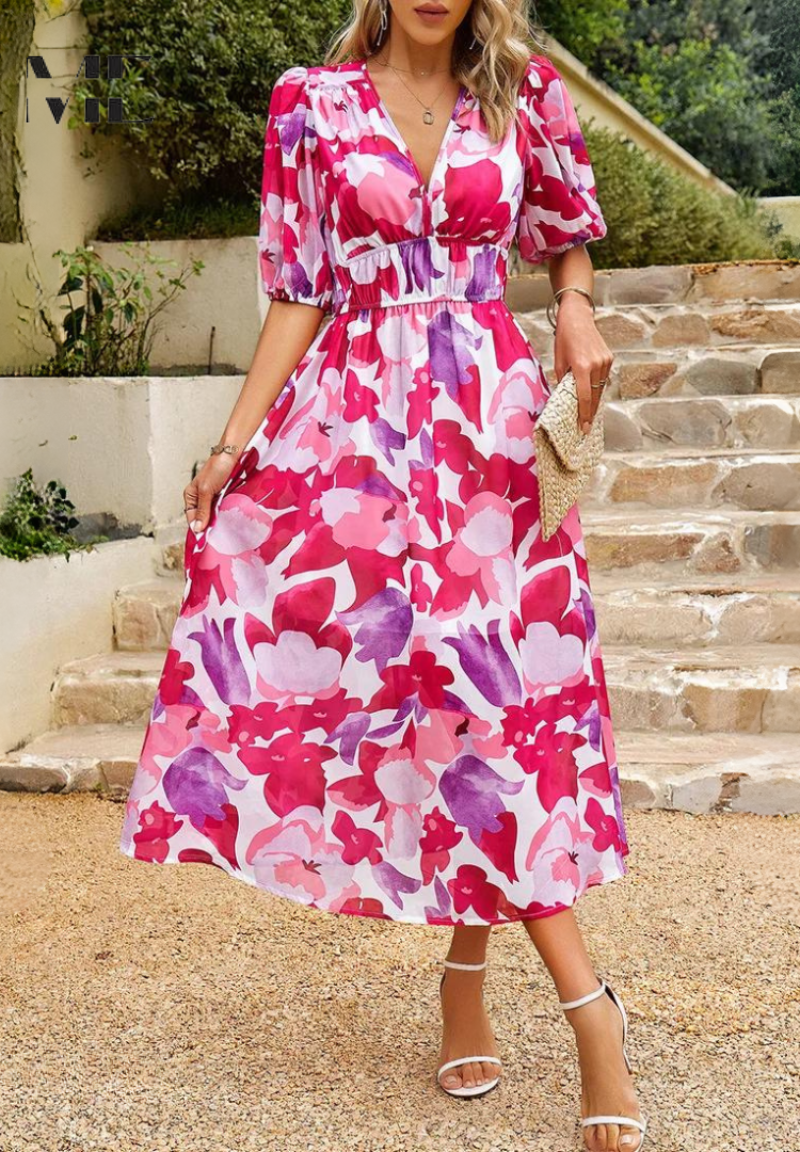 Women's Midi Synthetic Dress with V Neck and Smocked Waist