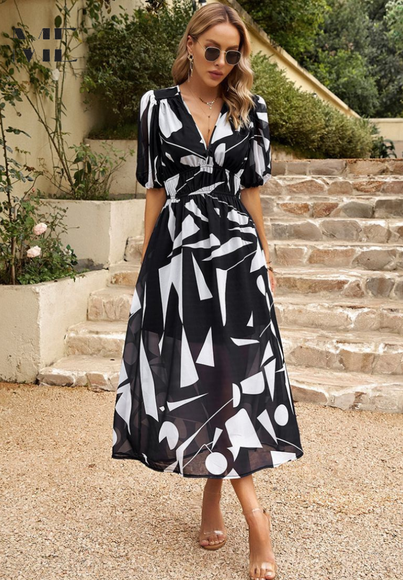 Women's Midi Synthetic Dress with V Neck and Smocked Waist