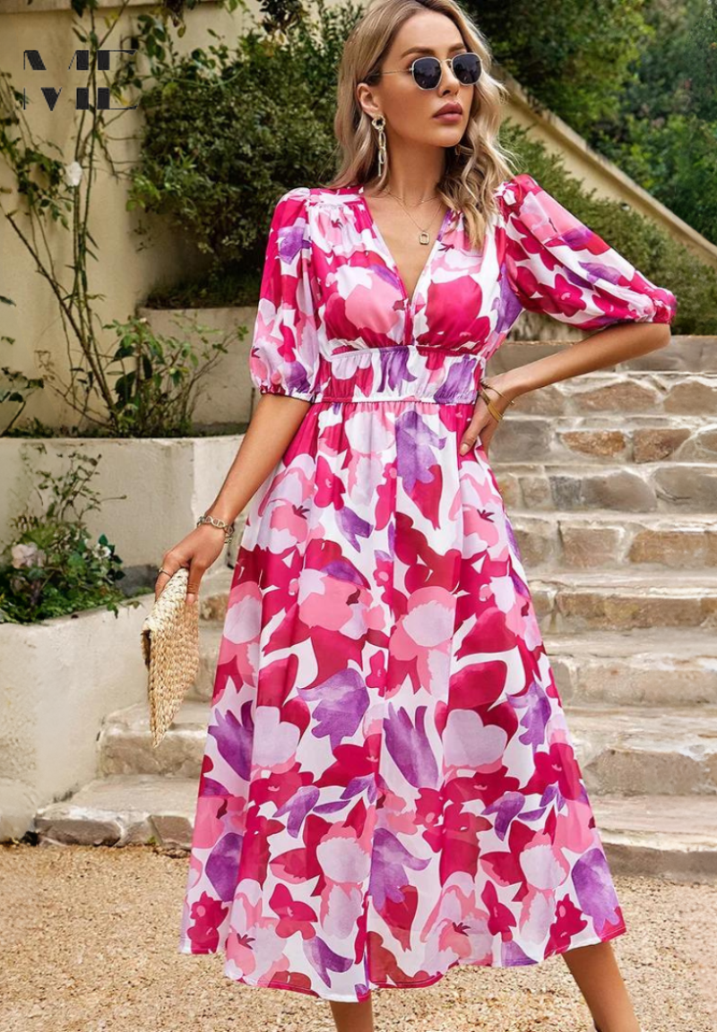 Women's Midi Synthetic Dress with V Neck and Smocked Waist
