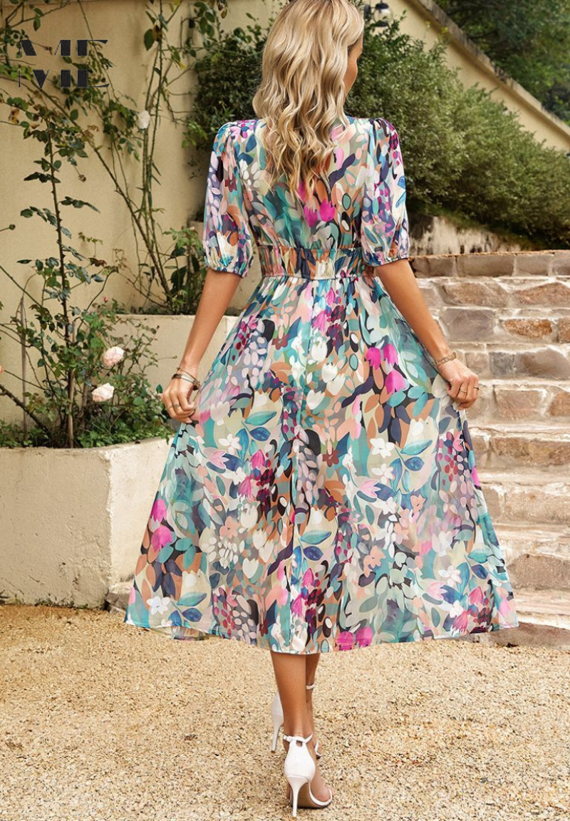 Women's Midi Synthetic Dress with V Neck and Smocked Waist